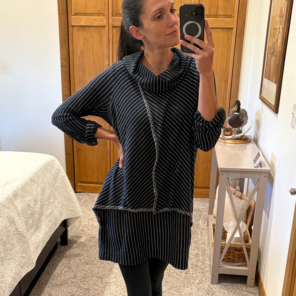 Elegant Navy and White Striped Women's Cowl Neck Sweater Dress